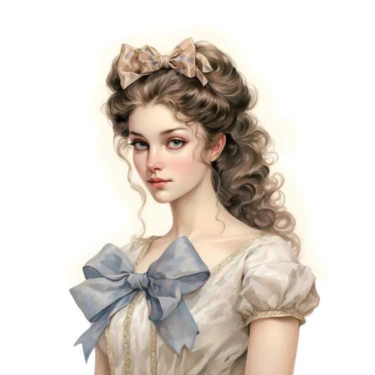 Elegant Girl with Curly Hair and Blue Bow