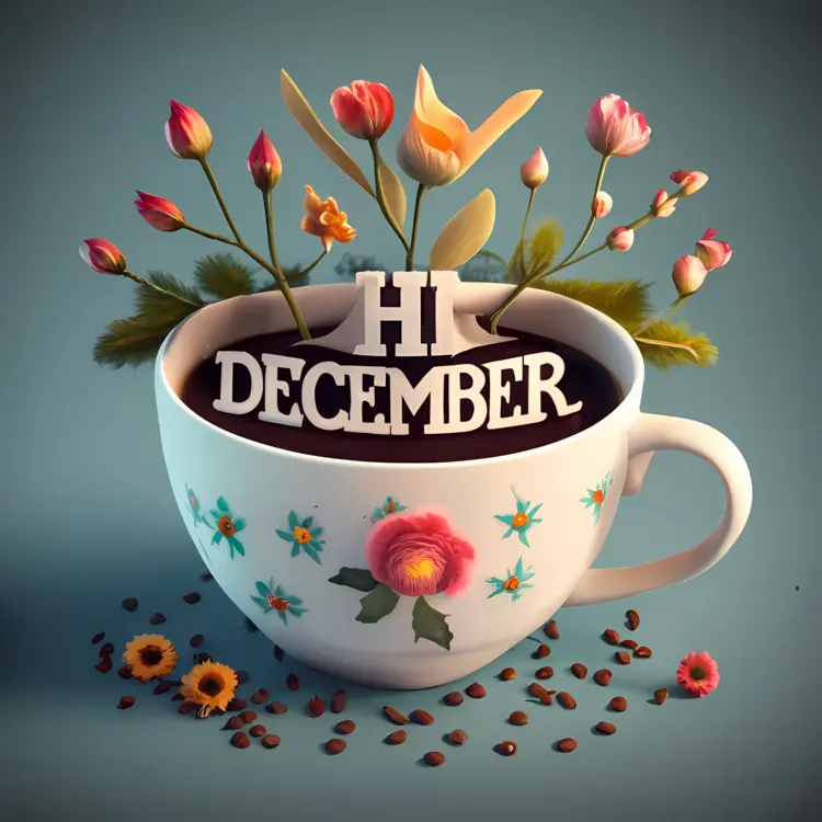 White Cup with Hi December and Flowers