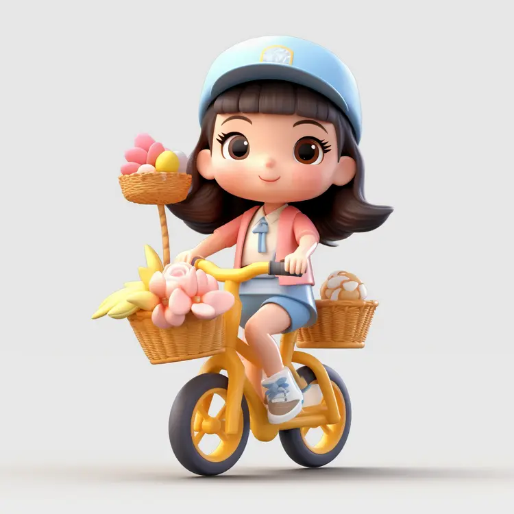 Cute Girl on Bicycle with Basket of Flowers