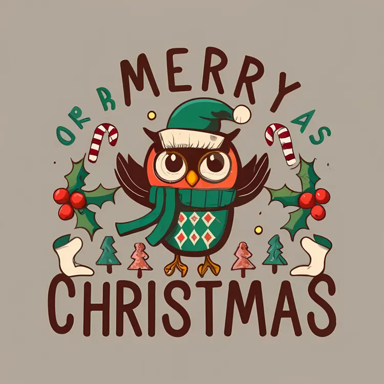 Festive Owl with Christmas Hat and Scarf
