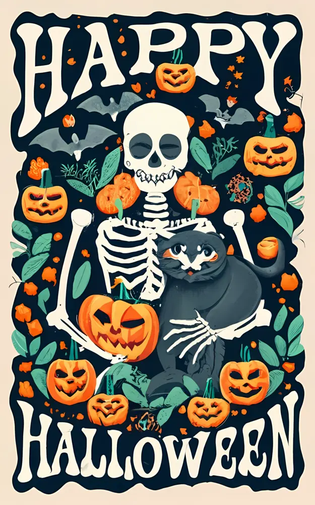 Skeleton with Pumpkins and Bats