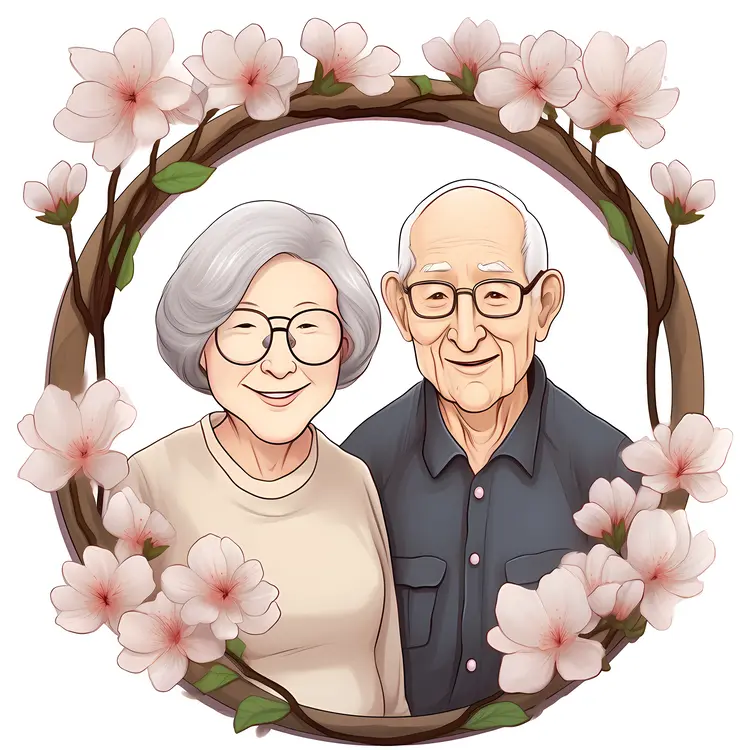 Elderly Couple Surrounded by Flowers for Grandparents Day