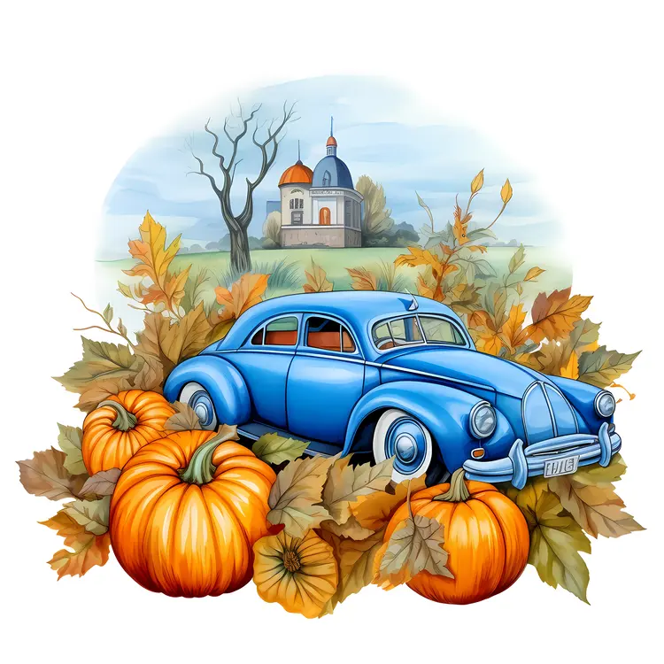 Autumn Scene with Blue Car and Pumpkins