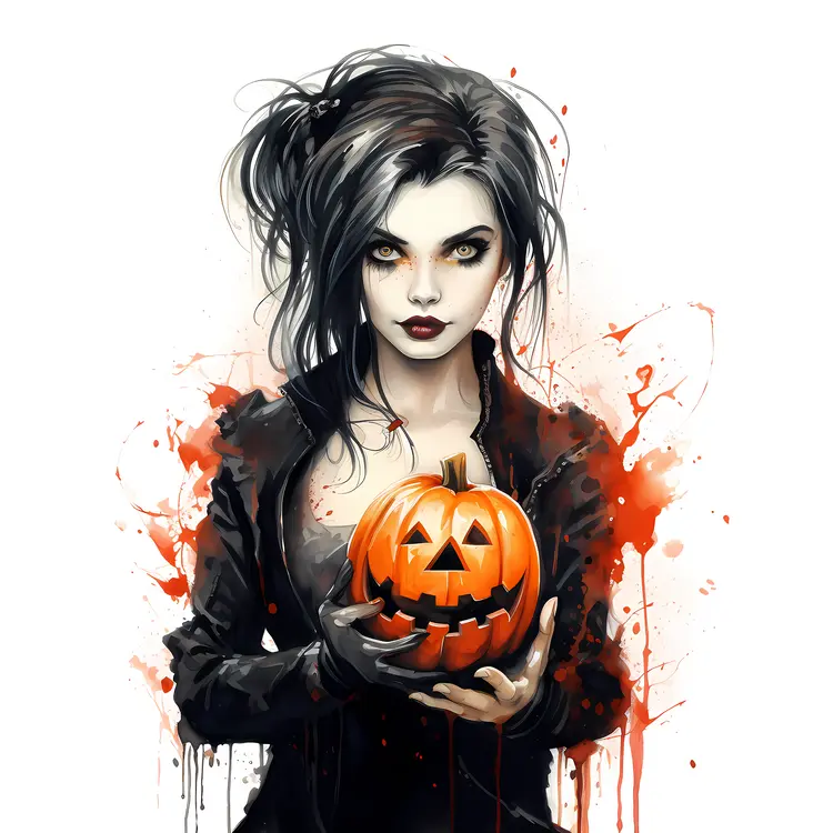 Woman with Black Hair Holding Pumpkin