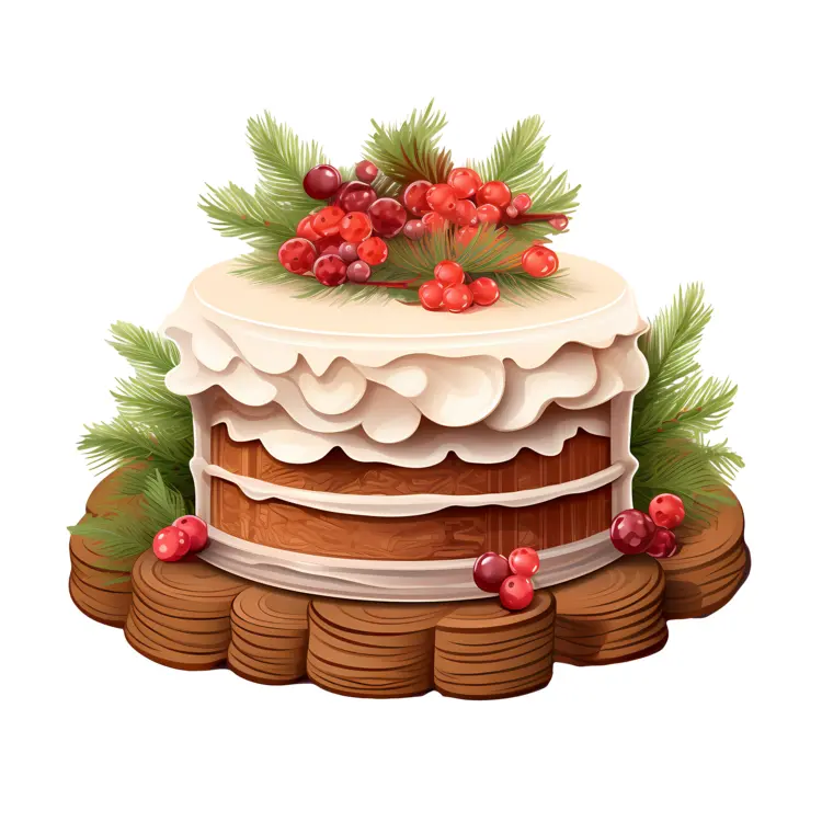 Christmas Cake with Berries and Green Leaves