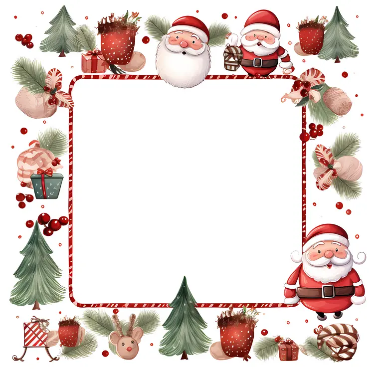 Santa Claus with Christmas Trees and Gifts
