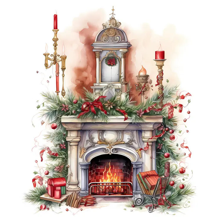 Elegant Christmas Fireplace with Candles and Gifts