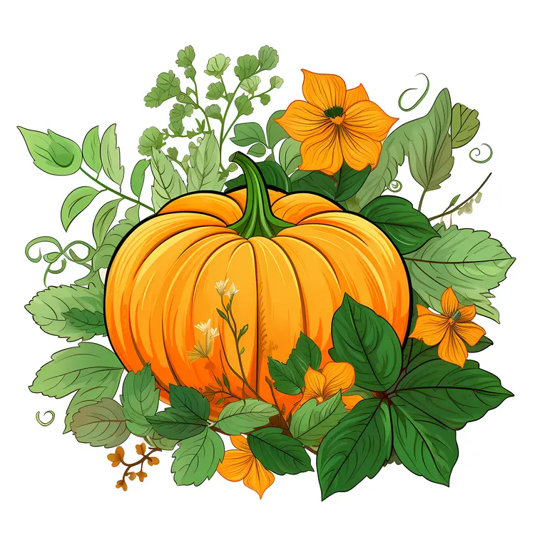 Pumpkin with Green Leaves and Yellow Flowers