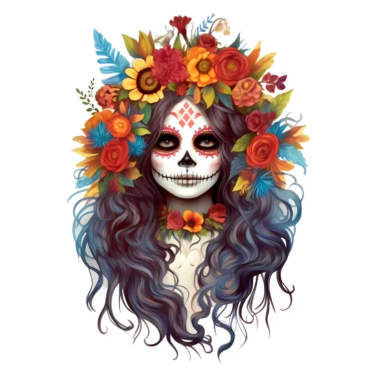 Colorful Sugar Skull with Floral Crown for Day of the Dead