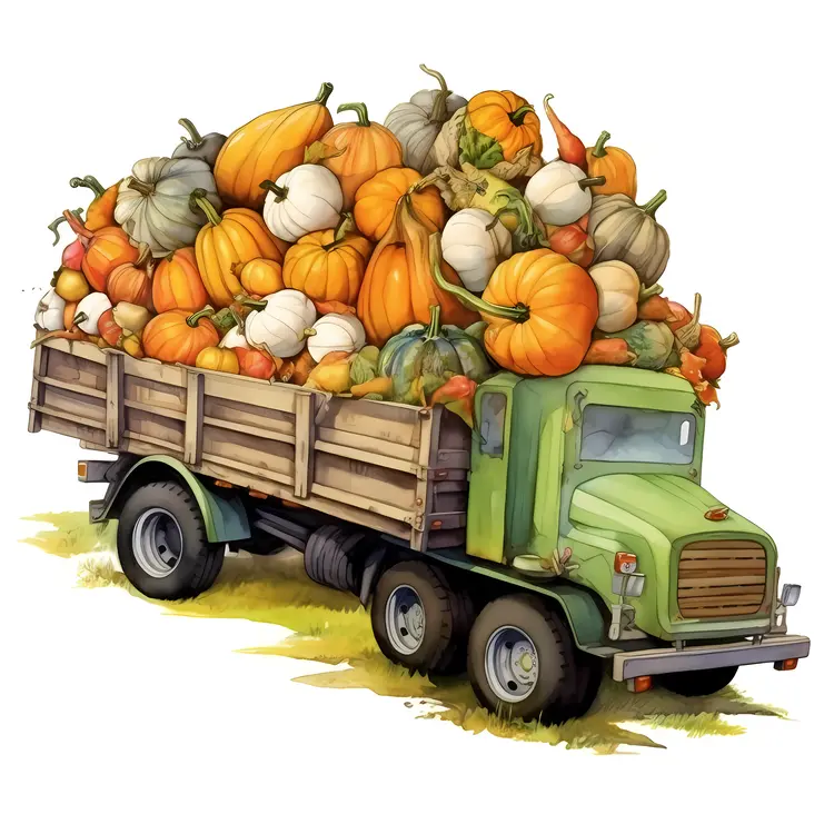 Green Truck Loaded with Pumpkins for Harvest Season