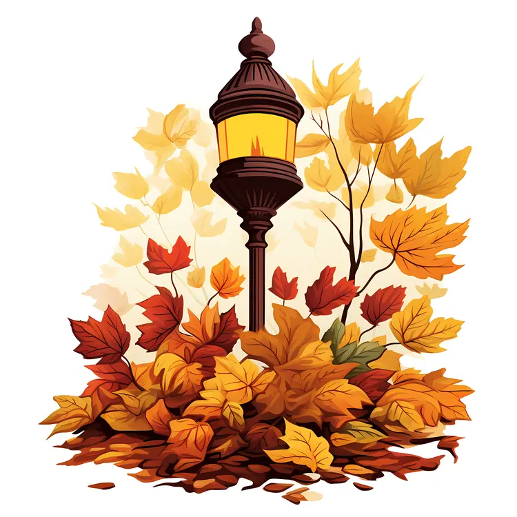 Autumn Lamp Post with Colorful Leaves