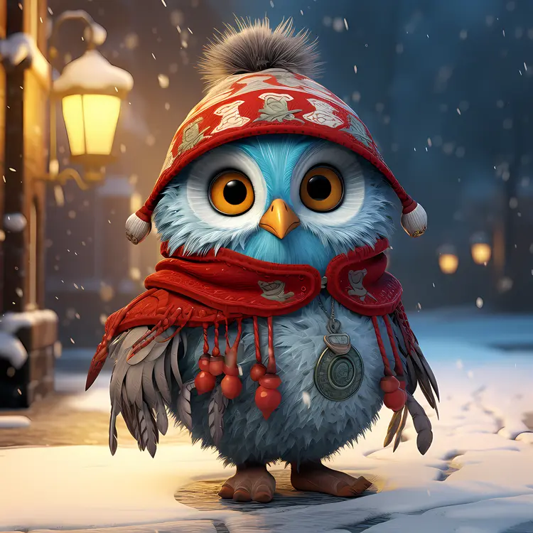 Blue Owl in Winter Hat and Scarf in Snowy Scene