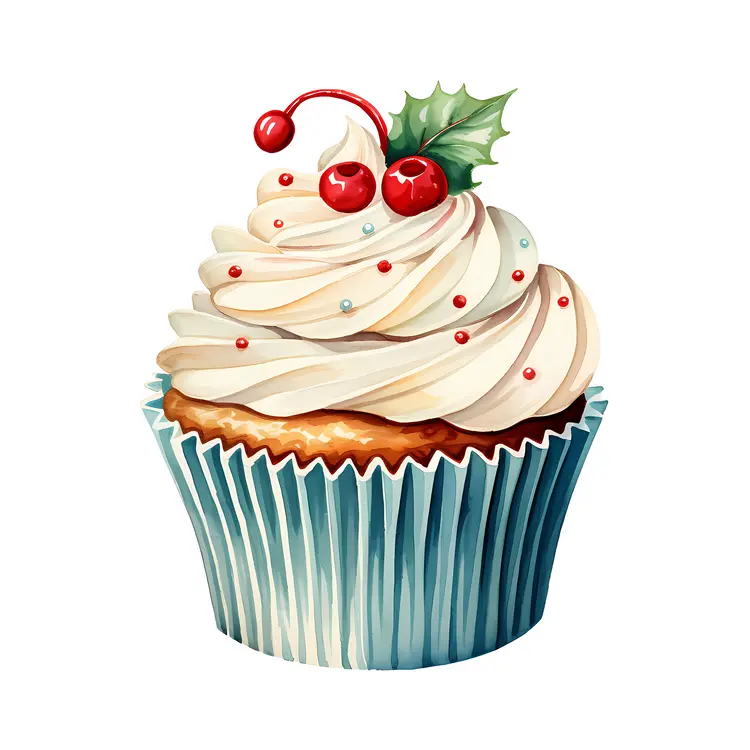 Christmas Cupcake with White Frosting and Blue Wrapper