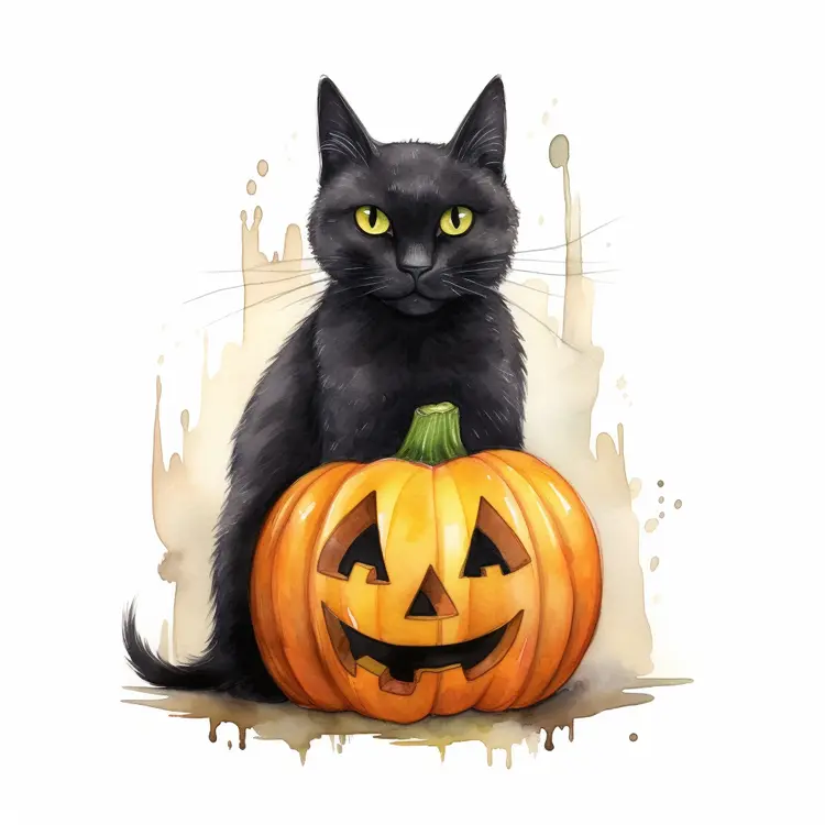 Black Cat with Halloween Pumpkin