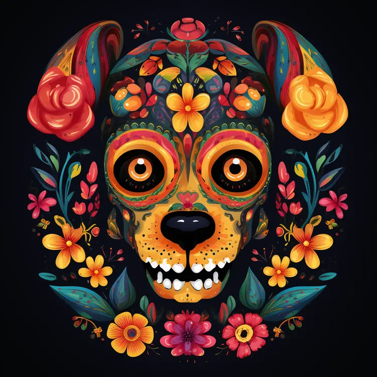 Colorful Dog Skull with Floral Decorations for Day of the Dead