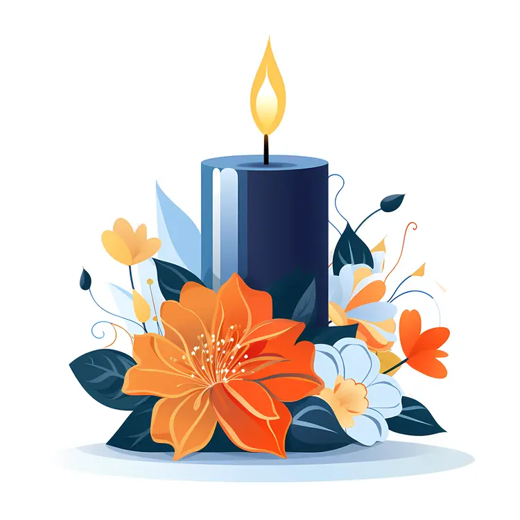 Blue Candle with Orange and White Flowers