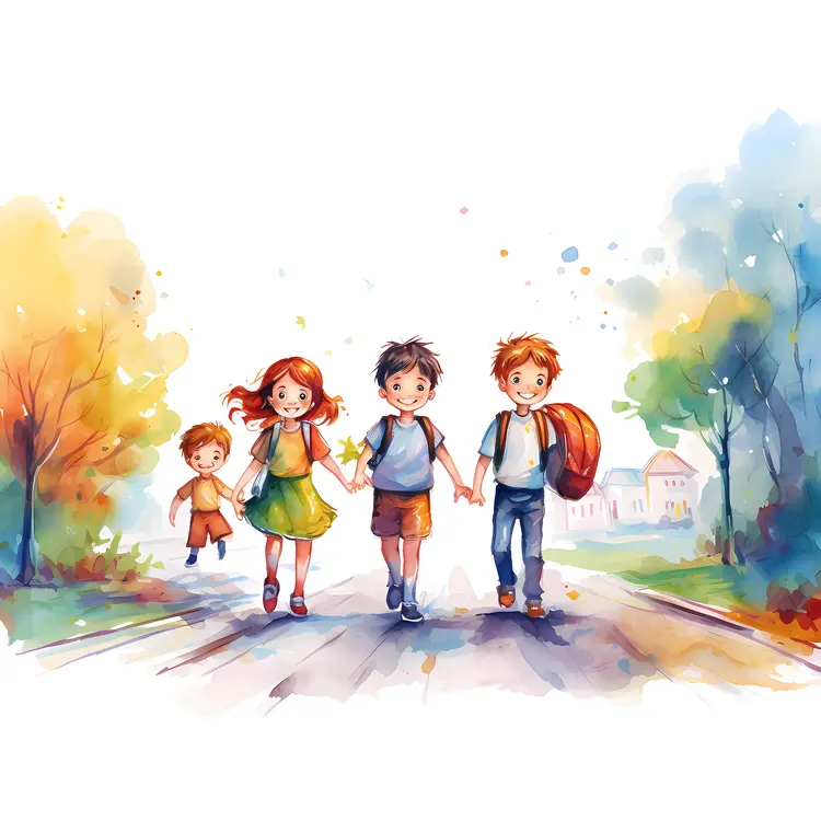 Group of Children Walking and Holding Hands