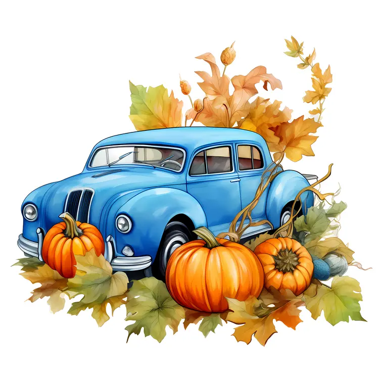 Vintage Blue Car with Pumpkins