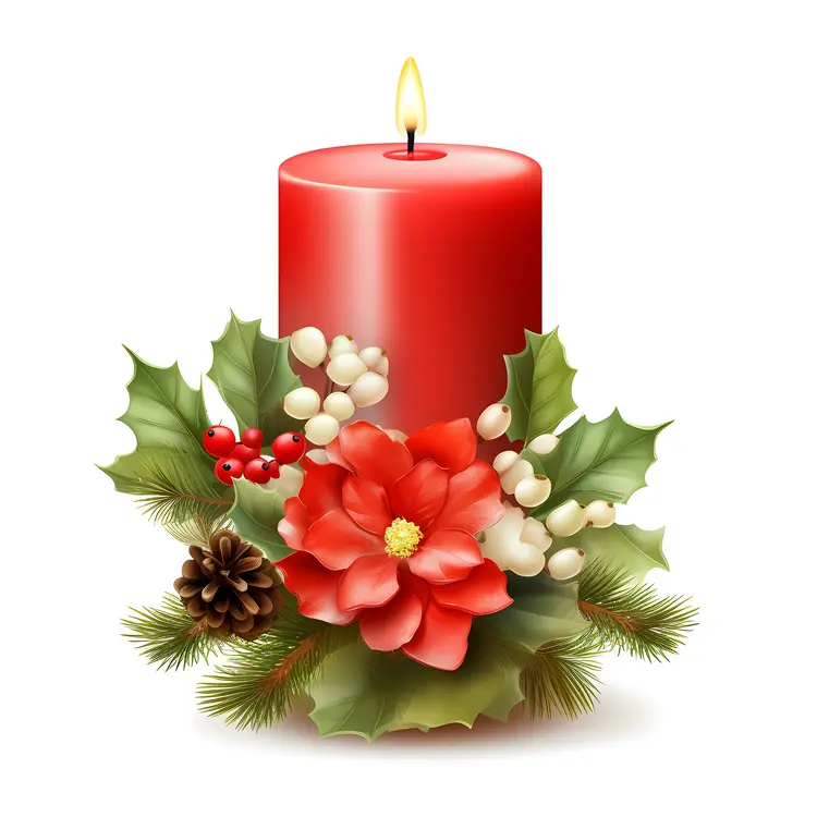 Red Candle with Holly and Pinecone for Christmas