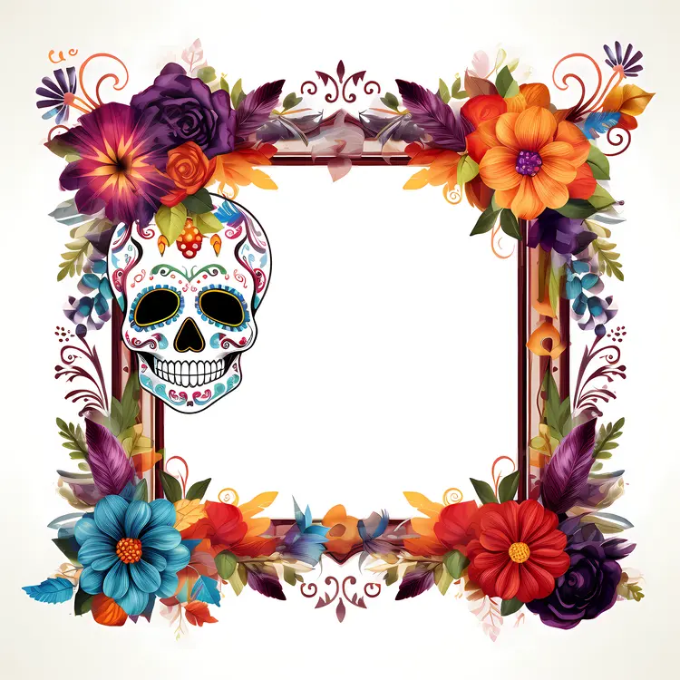 Colorful Floral Frame with Skull for Day of the Dead