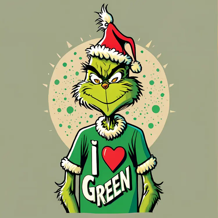 Grinch in Santa Hat with I Love Green Shirt