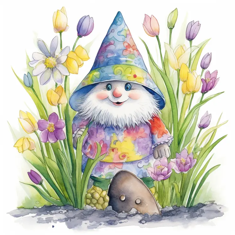Cute Gnome in a Colorful Garden