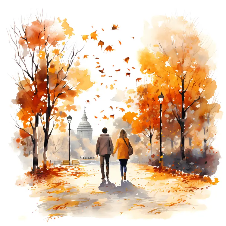 Couple Walking in Autumn Park