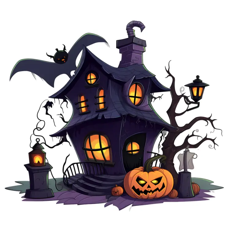 Spooky Haunted House with Pumpkins