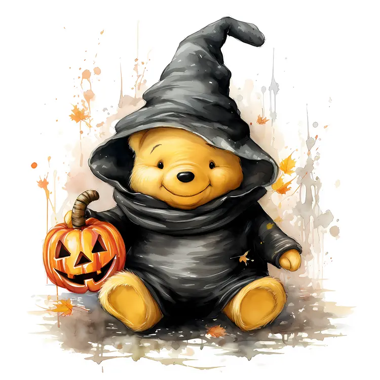 Cute Bear in Witch Costume with Pumpkin for Halloween