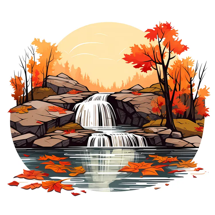 Autumn Waterfall with Floating Leaves