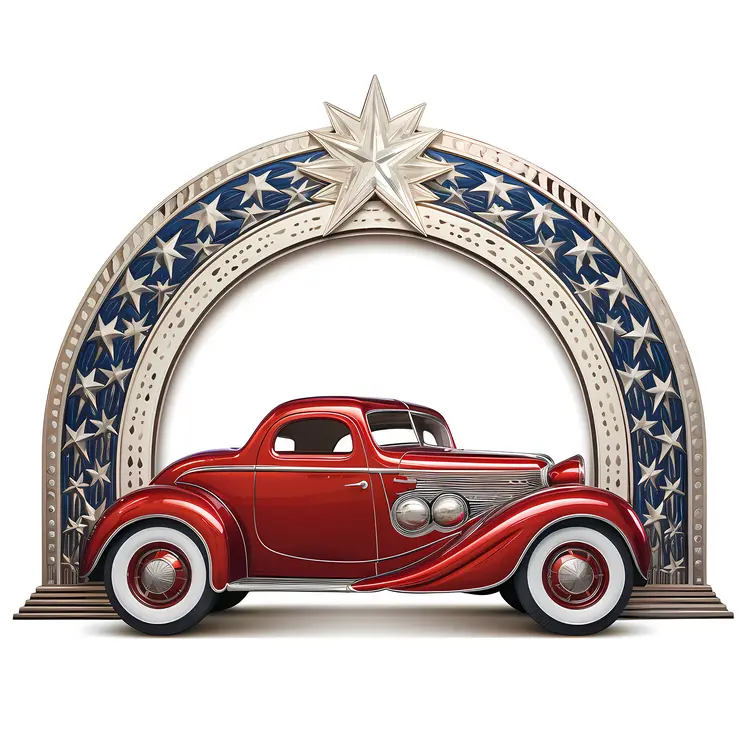 Red Vintage Car with Patriotic Arch