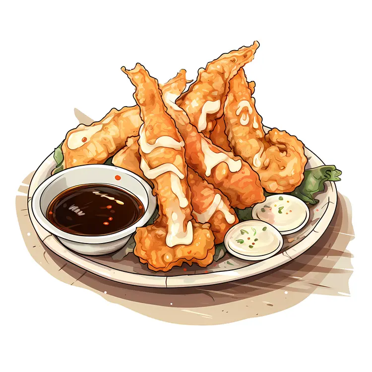 Golden Fried Food with Dipping Sauces
