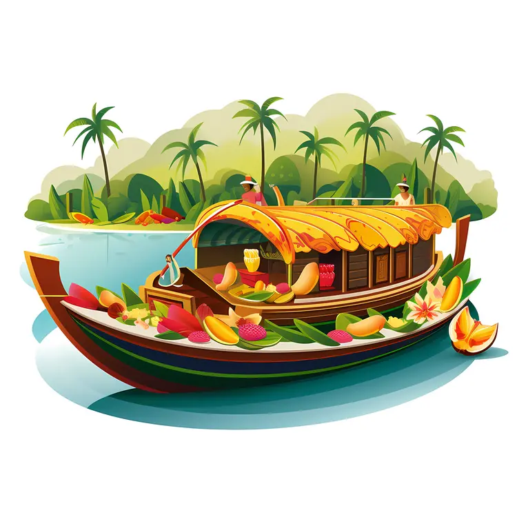 Houseboat with Fruits and Flowers on River