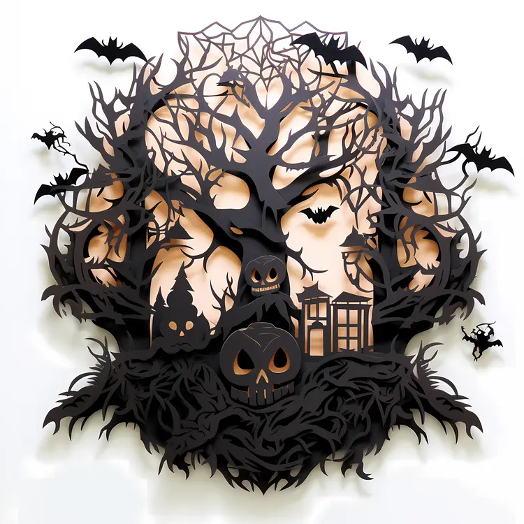 Halloween Tree with Bats and Pumpkins