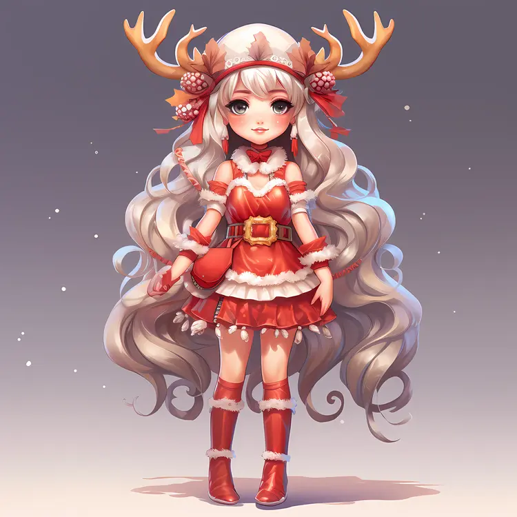 Chibi Girl with Antlers in Red Christmas Dress