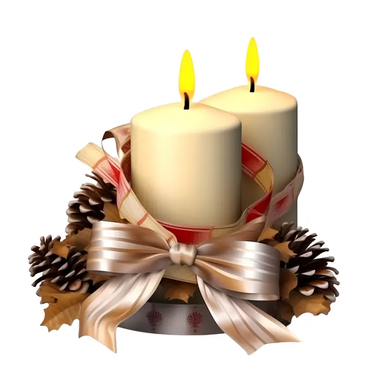 Two Candles with Pinecones and Ribbon