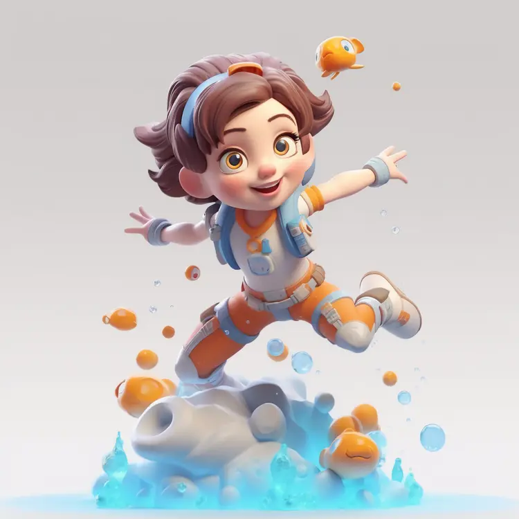 Playful Cartoon Girl Jumping with Fish