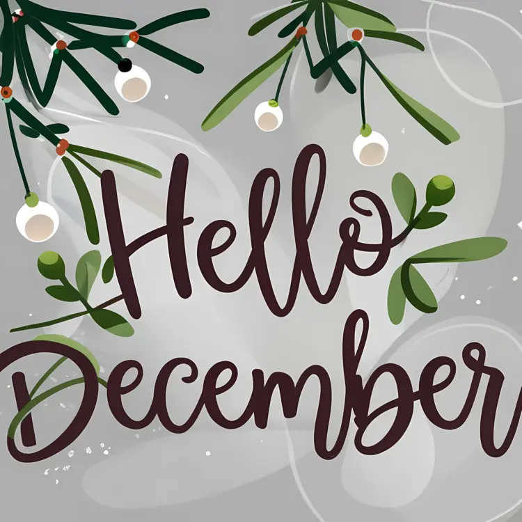 Hello December with Mistletoe on Gray Background