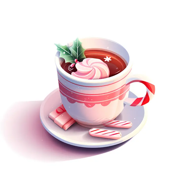 Cup of Hot Drink with Candy Cane and Holly