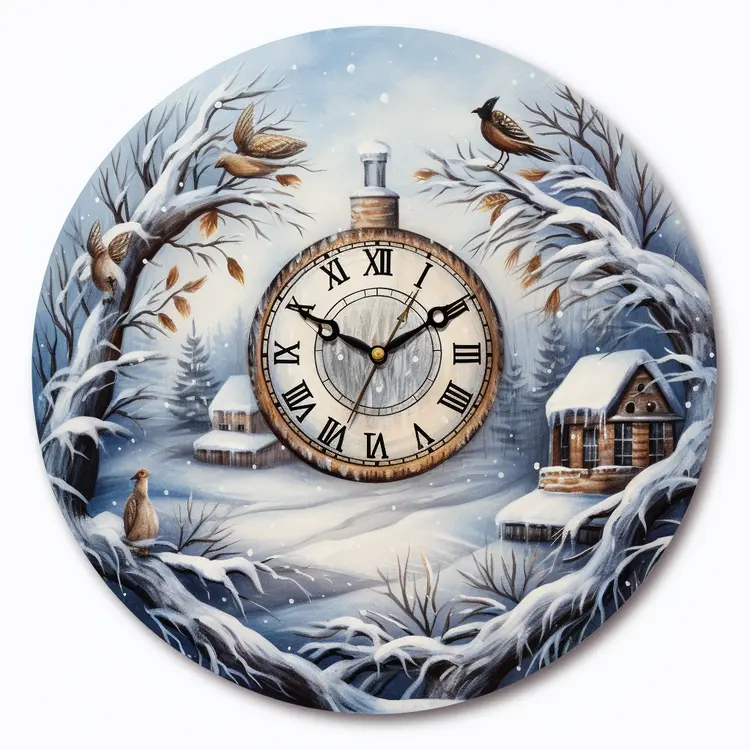 Winter Clock with Snowy Cabin