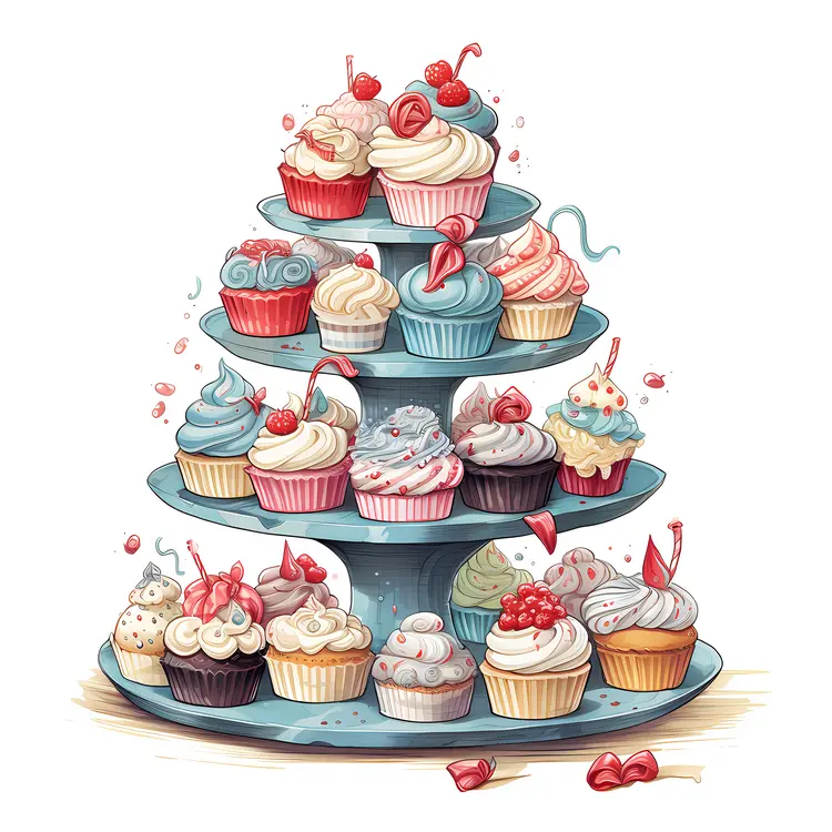 Tiered Stand of Colorful Cupcakes
