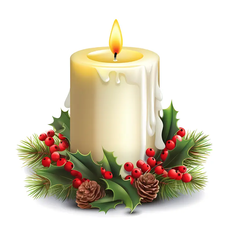 White Candle with Holly and Pinecones