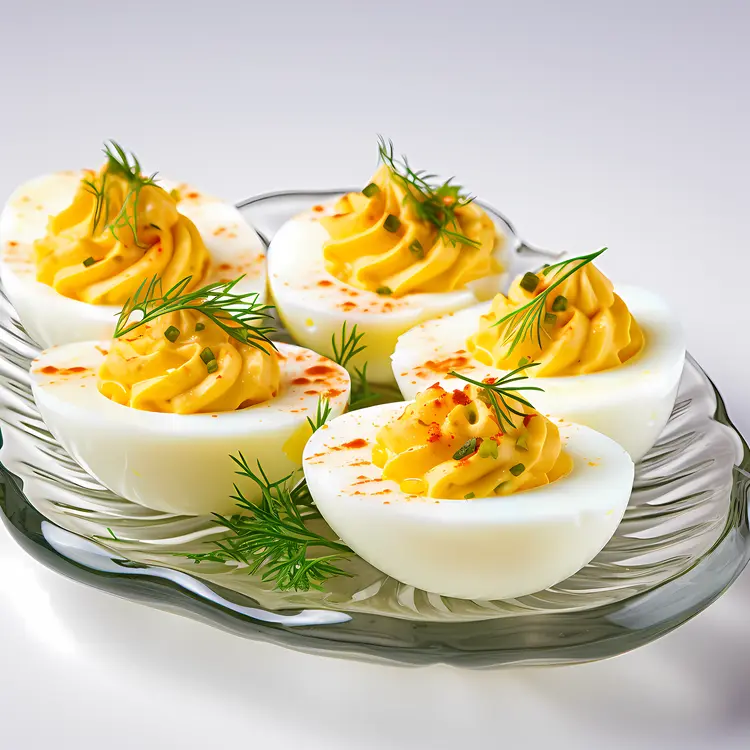 Plate of Deviled Eggs with Dill Garnish