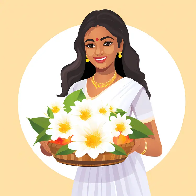 Woman in Traditional Dress Holding a Basket of Flowers