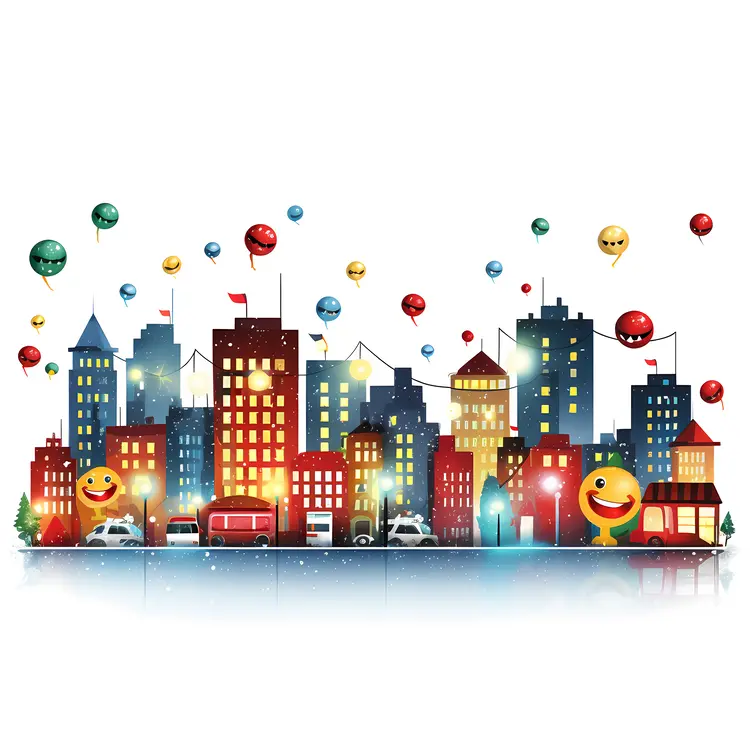 City Skyline with Colorful Balloons