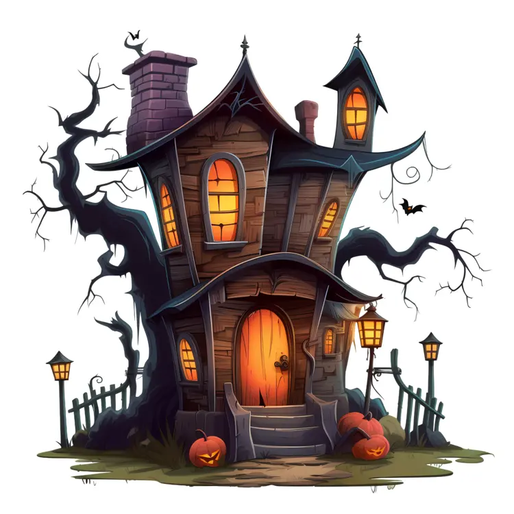 Spooky Haunted House with Pumpkins and Bats