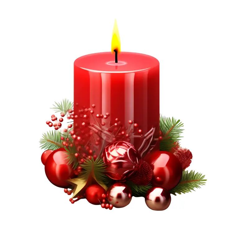 Red Candle with Ornaments and Berries