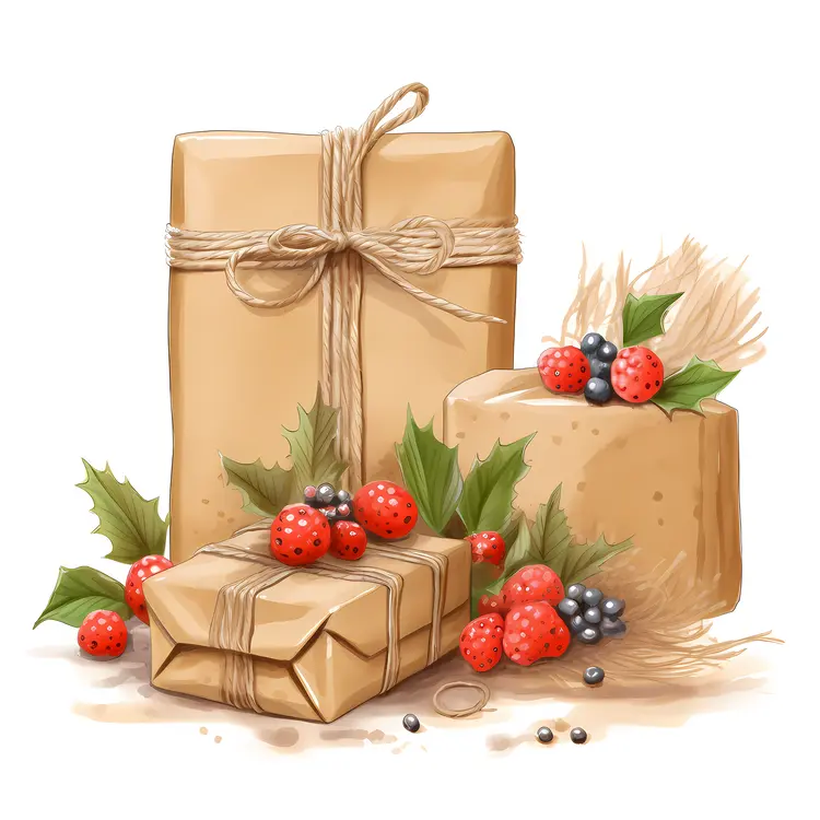 Beautifully Wrapped Christmas Gift Boxes with Holly and Berries