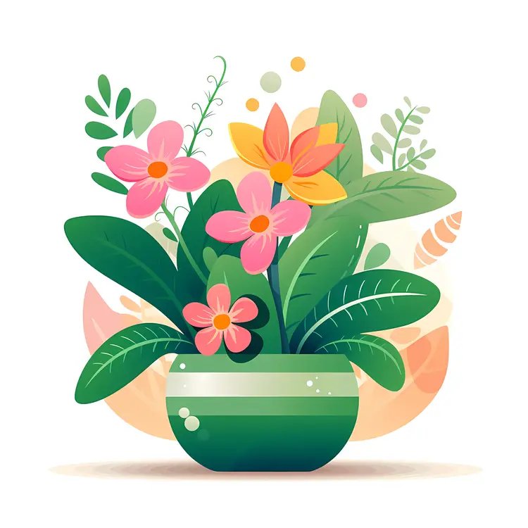 Pink and Yellow Flower Pot with Green Leaves