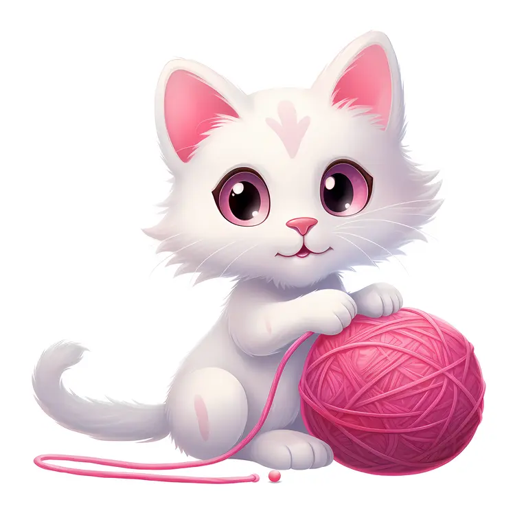 Cute White Kitten with Pink Yarn Ball